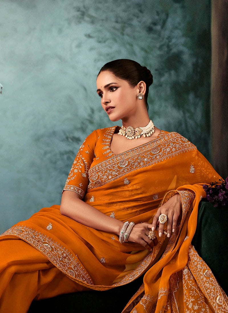 Orange Fancy Silk Zari Embroidered Sequins Stones Saree Wedding Wear