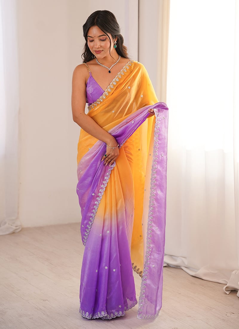 Orange Fandy Satin Embroidered Sequins Saree After Six Wear