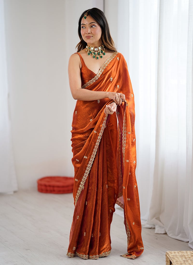 Orange Fandy Satin Embroidered Sequins Two Tone Saree After Six Wear