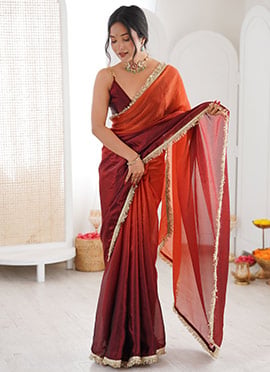 Orange Fandy Satin Shaded Zari Lace Border Saree