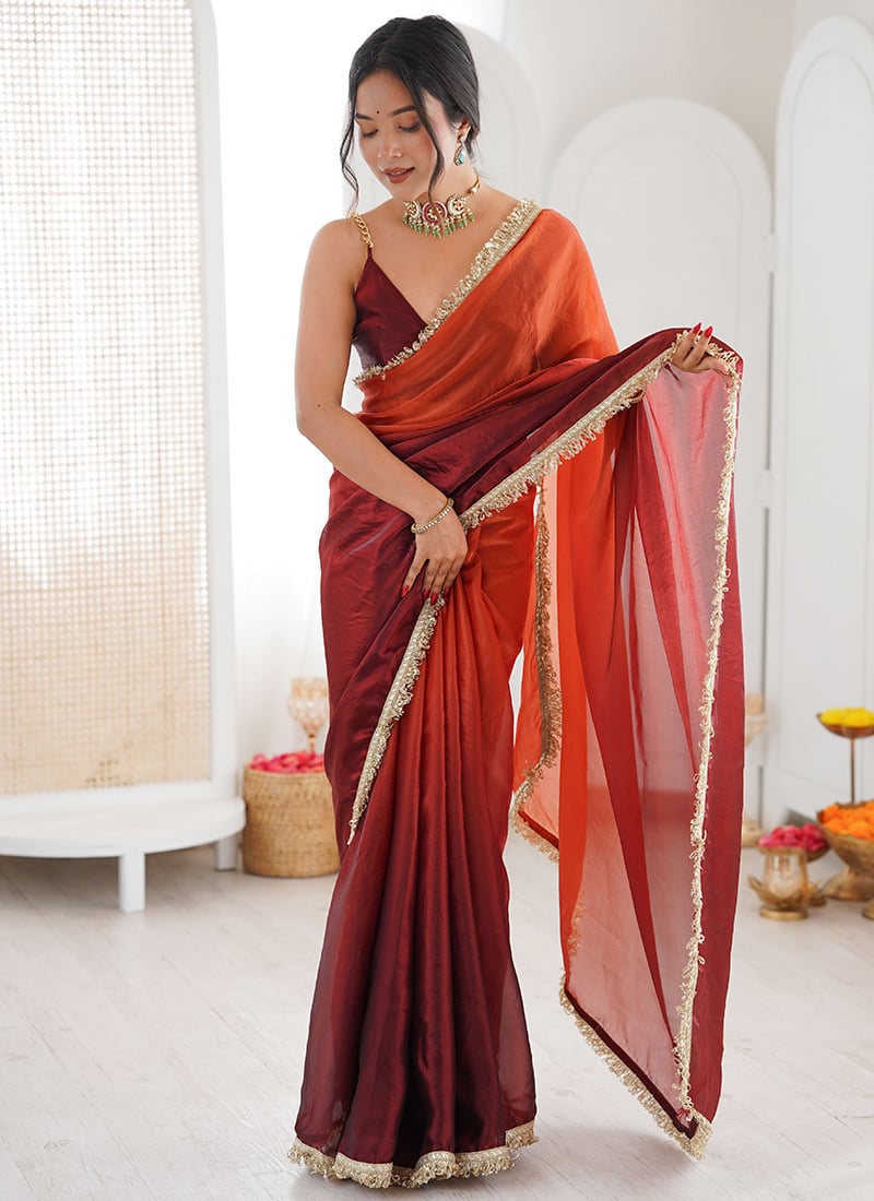 Orange Fandy Satin Shaded Zari Lace Border Saree After Six Wear