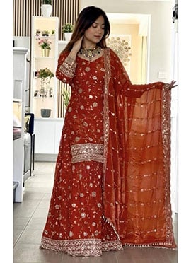 Orange Fandy Silk Embroidered Sharara Suit