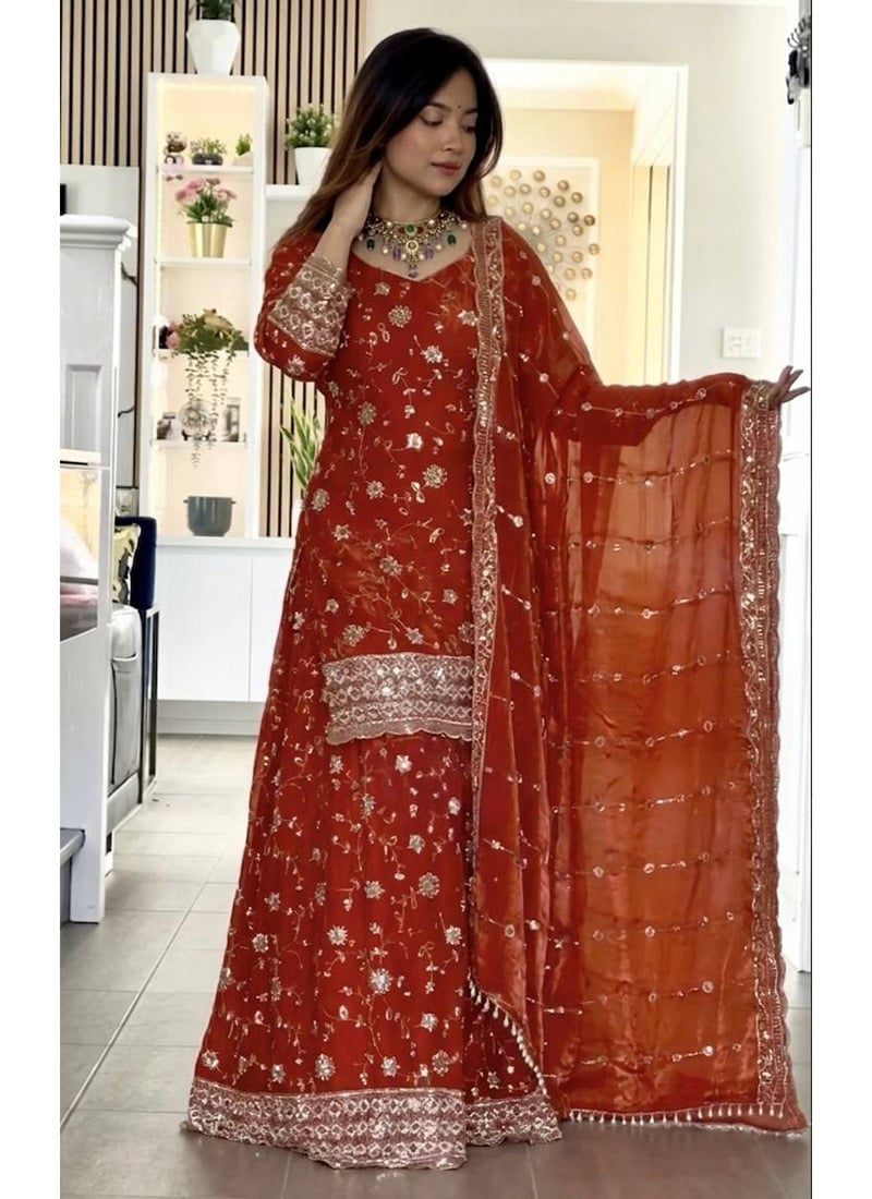 Orange Fandy Silk Embroidered Sharara Suit After Six Wear