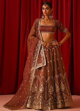 Orange Fandy Silk Zari Embroidered Sequins Lehenga