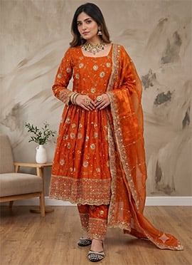 Orange Fandy Silk Zari Embroidered Straight Pant Suit