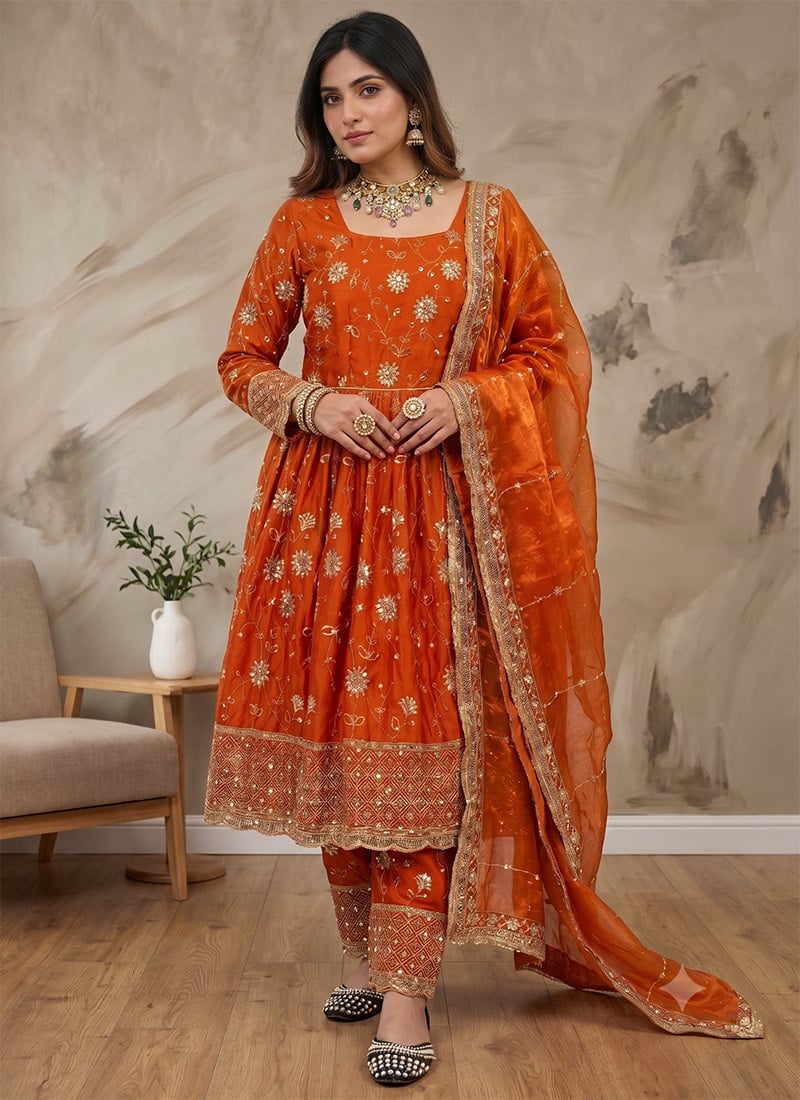 Orange Fandy Silk Zari Embroidered Straight Pant Suit After Six Wear