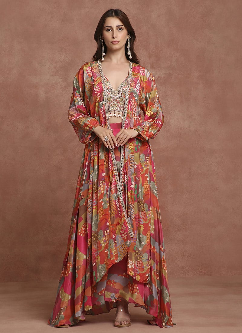 Orange Faux Crepe Digital Print And Embroidered Indowestern Sets and Suits