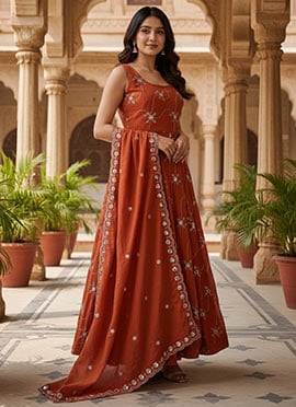 Orange Faux Georgette  Embroidered Sequins Anarkali Suit