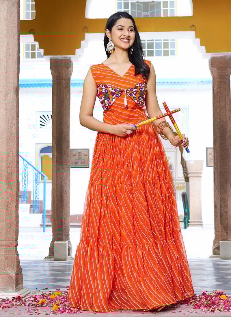 Orange Faux Georgette Anarkali Gown With Bandhini Print