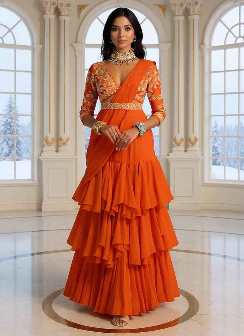 Orange Faux Georgette Dabka Sequins Cutdana Hand Embroidered Lehenga Saree Wedding Wear
