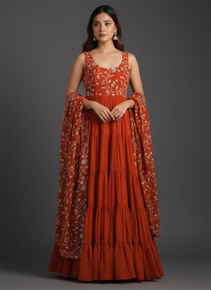 Orange Faux Georgette Embroidered Anarkali Suit Festive Wear