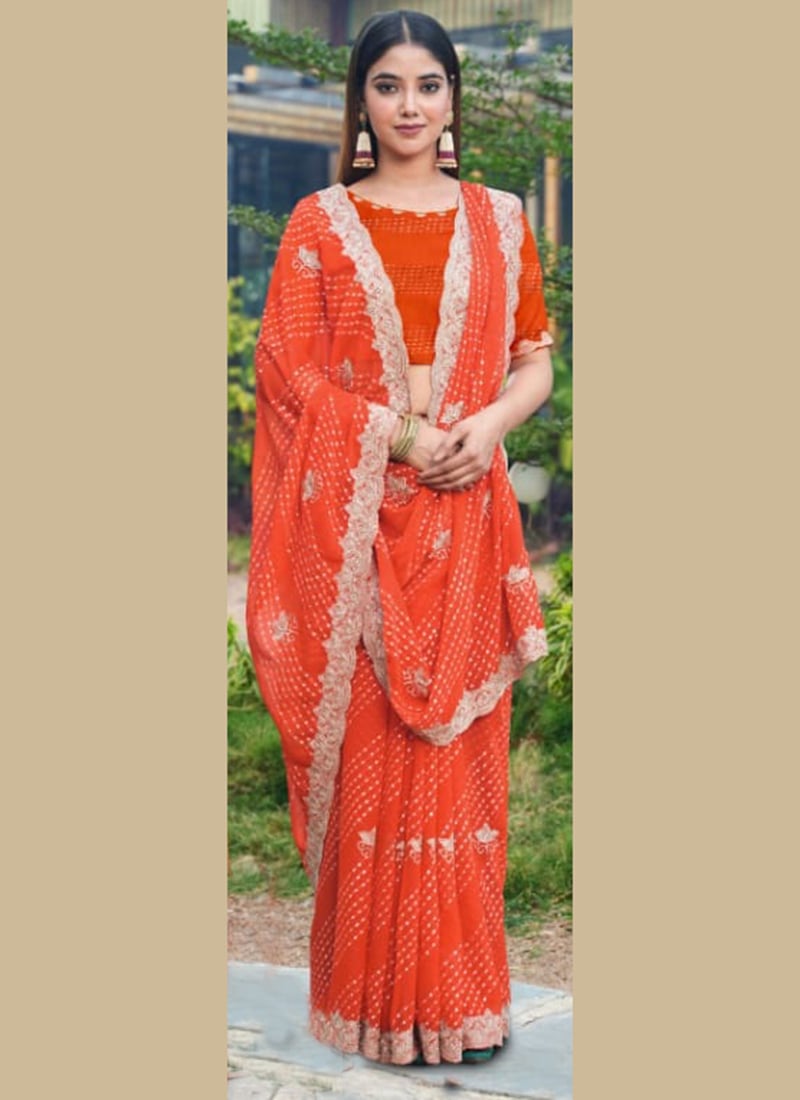 Orange Faux Georgette Embroidered Leheriya Print Saree Festive Wear