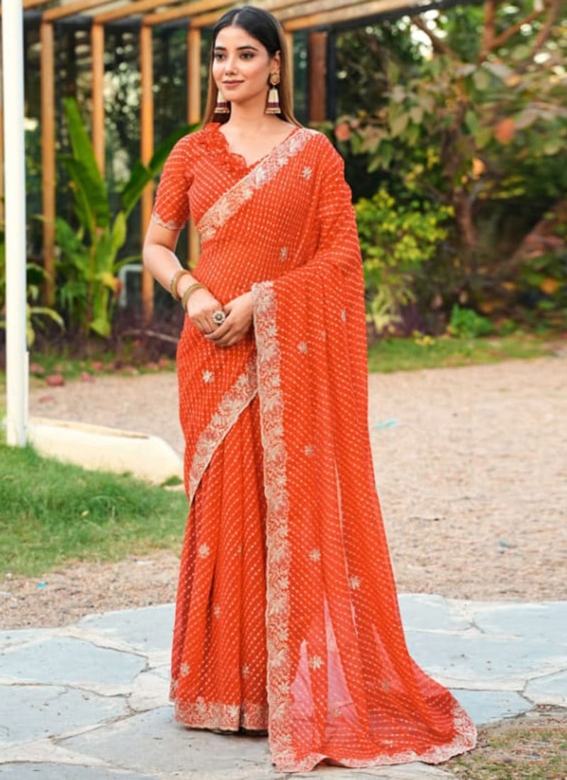 Orange Faux Georgette Embroidered Leheriya Print Saree Festive Wear