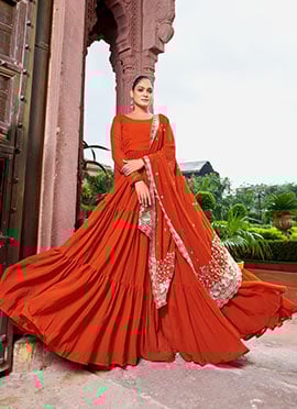 Orange Faux Georgette Embroidered Sequins Anarkali Suit
