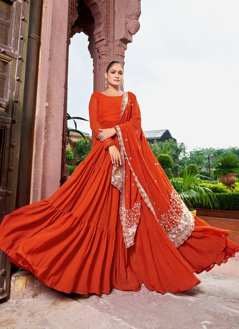 Orange Faux Georgette Embroidered Sequins Anarkali Suit Festive Wear