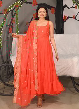 Orange Faux Georgette Embroidered Sequins Anarkali Suit