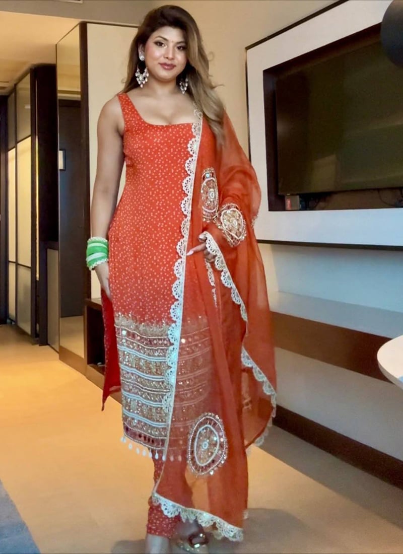 Orange Faux Georgette Embroidered Sequins Bandhini Churidar Suit Festive Wear