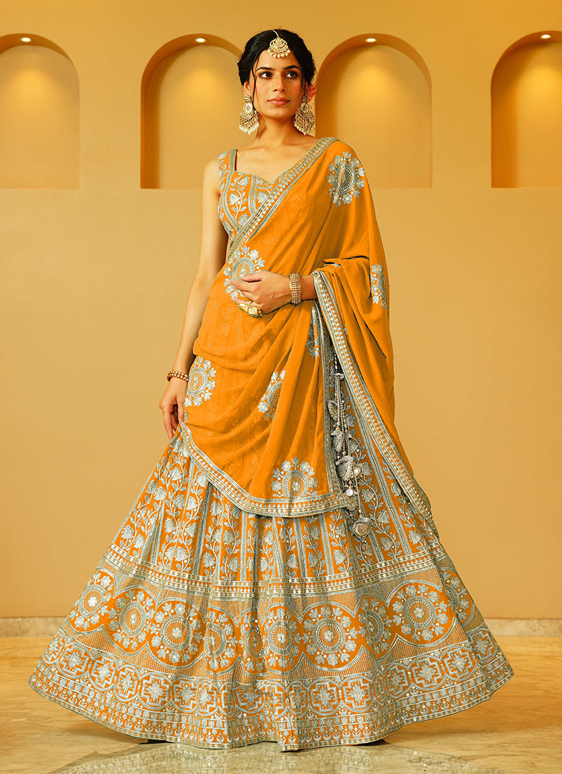 Orange Faux Georgette Embroidered Sequins Lehenga Wedding Wear