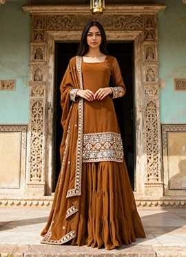 Orange Faux Georgette Embroidered Sequins Sharara Suit