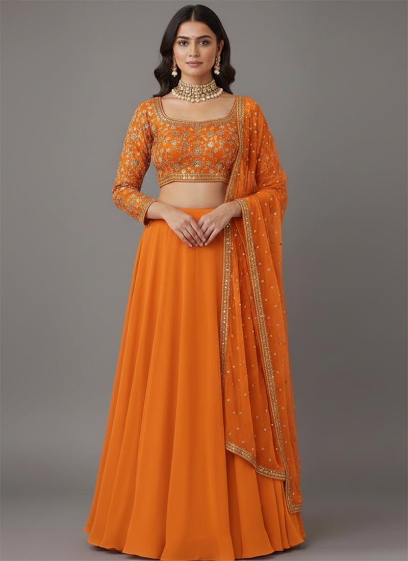 Orange Faux Georgette Foil Embroidered Zari Sequins Lehenga Set Wedding Wear