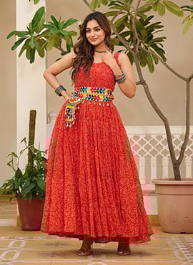 Orange Faux Georgette Kutch Work Bandhini Print Dress