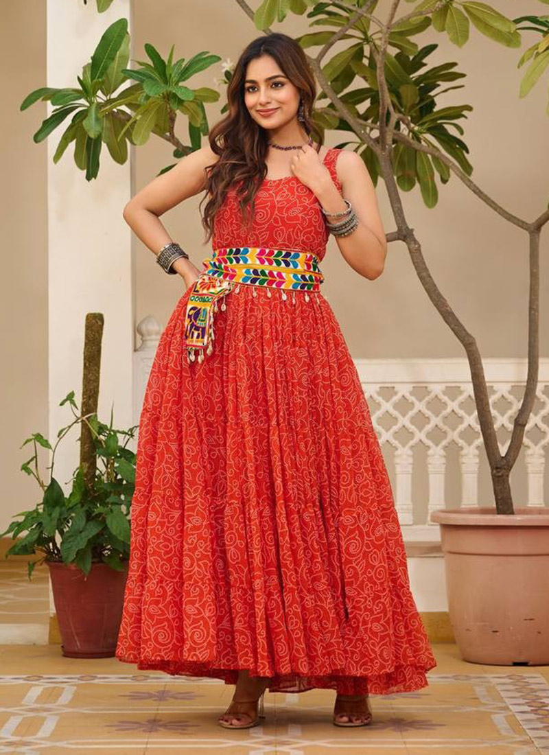Orange Faux Georgette Kutch Work Bandhini Print Dress Festive Wear