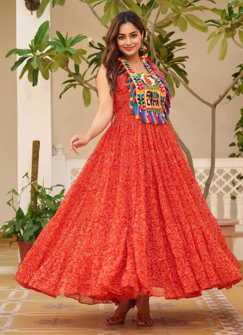 Orange Faux Georgette Kutch Work Bandhini Print Dress Festive Wear