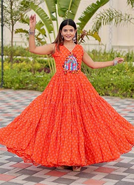 Orange Faux Georgette Printed Kutch Patch Work Gown After Six Wear