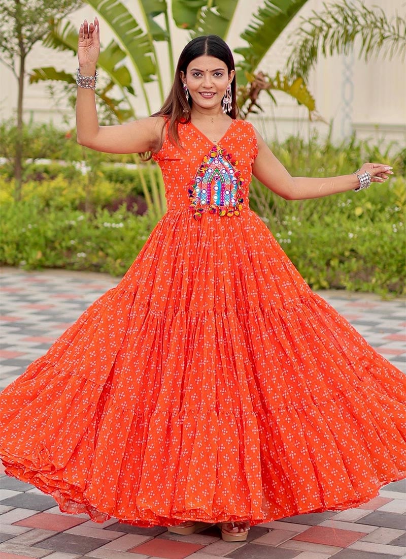Orange Faux Georgette Printed Kutch Patch Work Gown After Six Wear