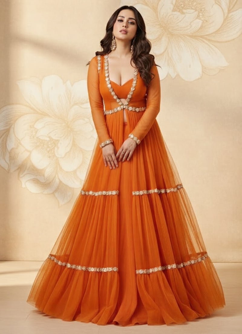 Orange Faux Georgette Ready Lace Work Indowestern Set After Six Wear