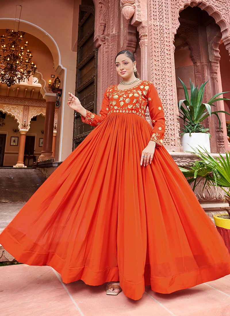 Orange Faux Georgette Sequins Embroidered Anarkali Gown Festive Wear