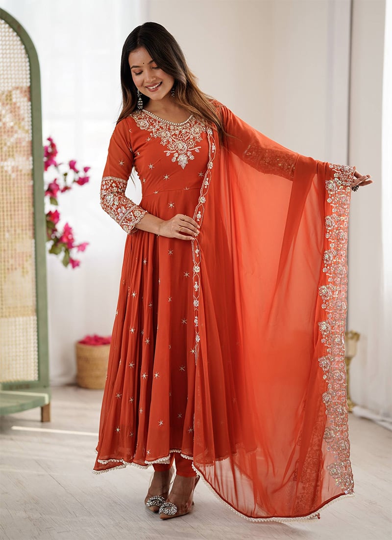 Orange Faux Georgette Sequins Embroidered Anarkali Suit Festive Wear