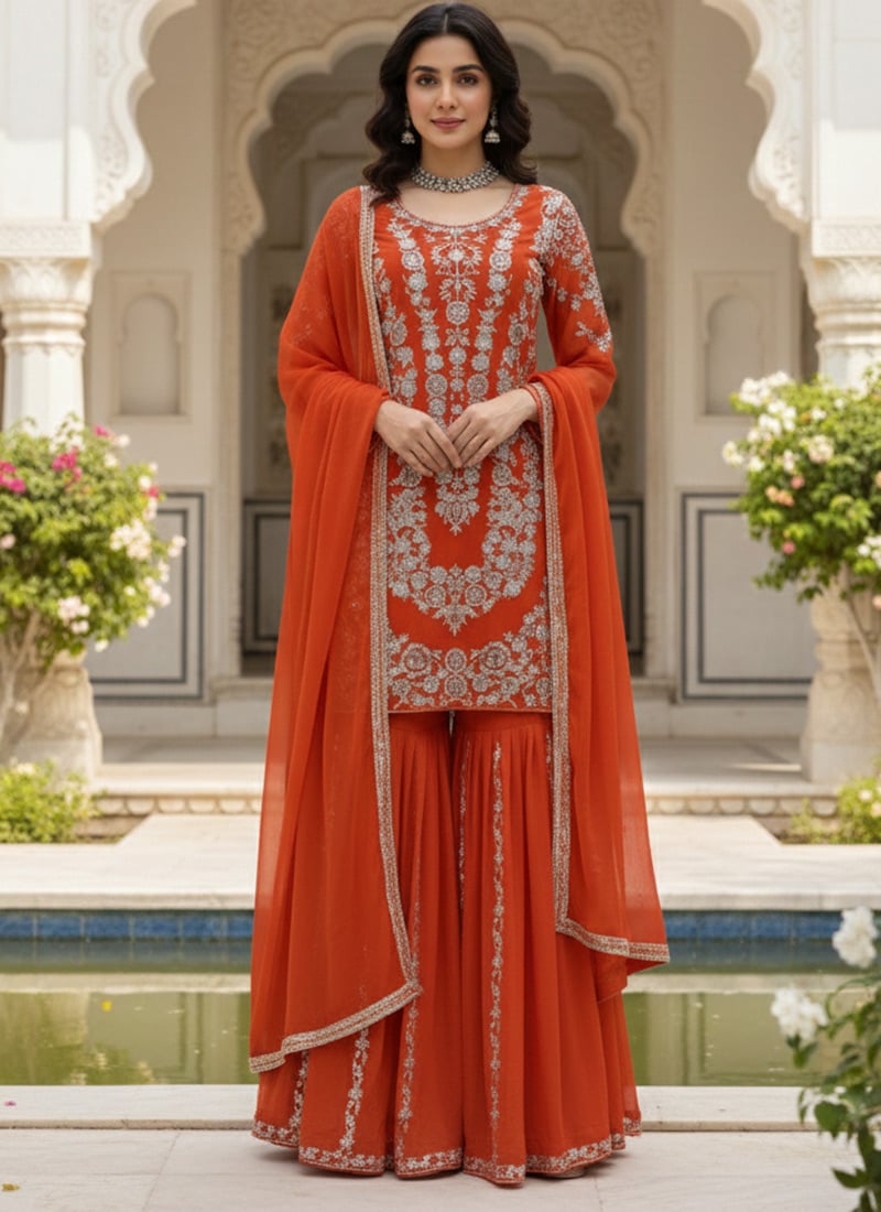 Orange Faux Georgette Sequins Embroidered Thread Sharara Suit Festive Wear