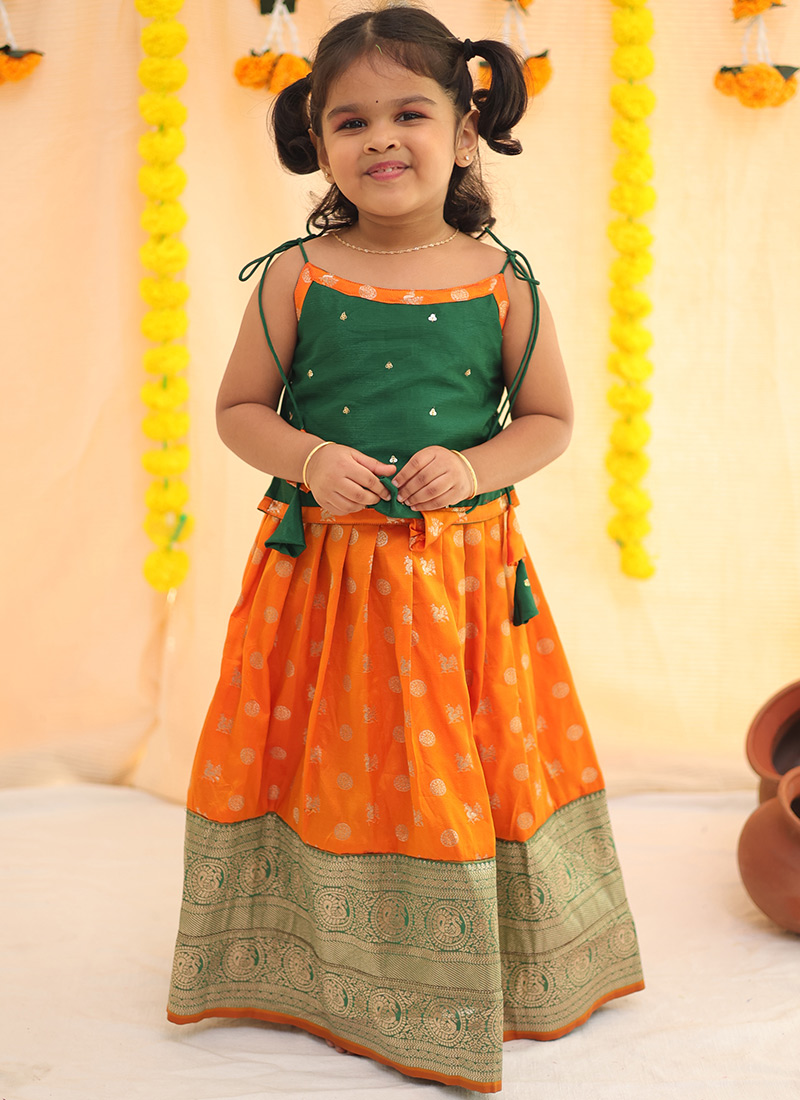 Orange Faux Georgette Sequins Kids Girls With Square Neck And Sleeveless Party Wear