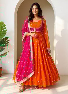 Orange Faux Georgette Sequins Zari Anarkali Suit
