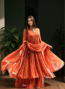 Orange Faux Georgette Zari Sequins Moti Hand Embroidered A Line Palazzo Suit