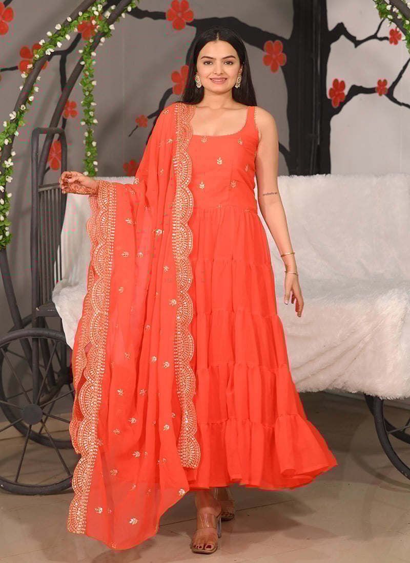 Orange Faux Georgette Zari Embroidered Sequins Anarkali Suit Festive Wear