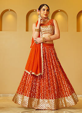 Orange Georgette Zari Embroidered Sequins Classy Lehenga