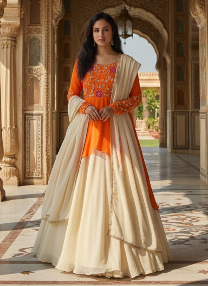 Orange Faux Georgette Zari Sequins Long Choli Lehenga Set Festive Wear