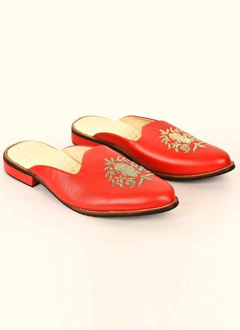 Orange Faux Leather Embroidered Men Footwear MFWMRG301