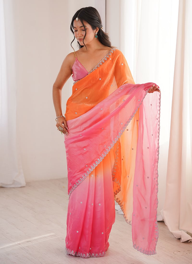 Orange Fendi Satin Embroidered Sequins Saree After Six Wear