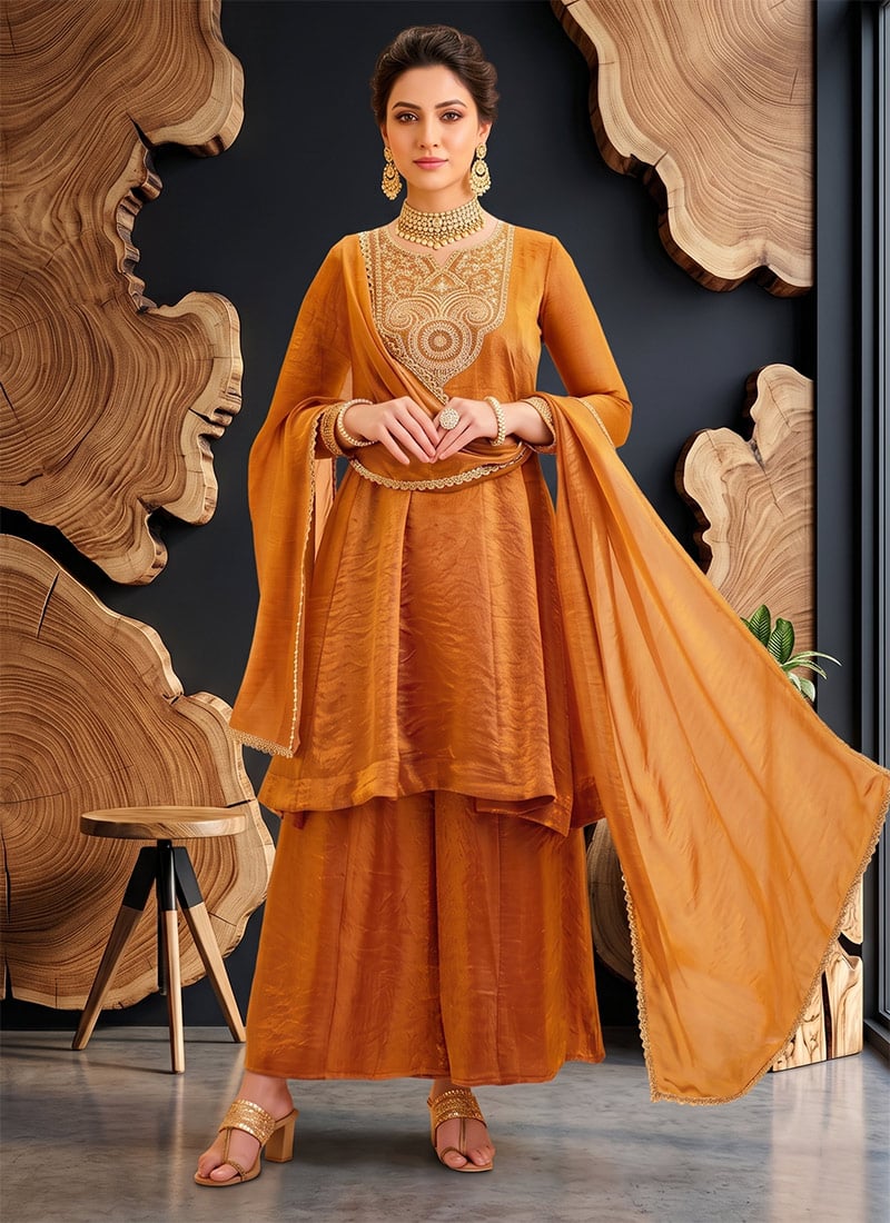 Orange Fendy Silk Embroidered A Line Palazzo Suit Festive Wear