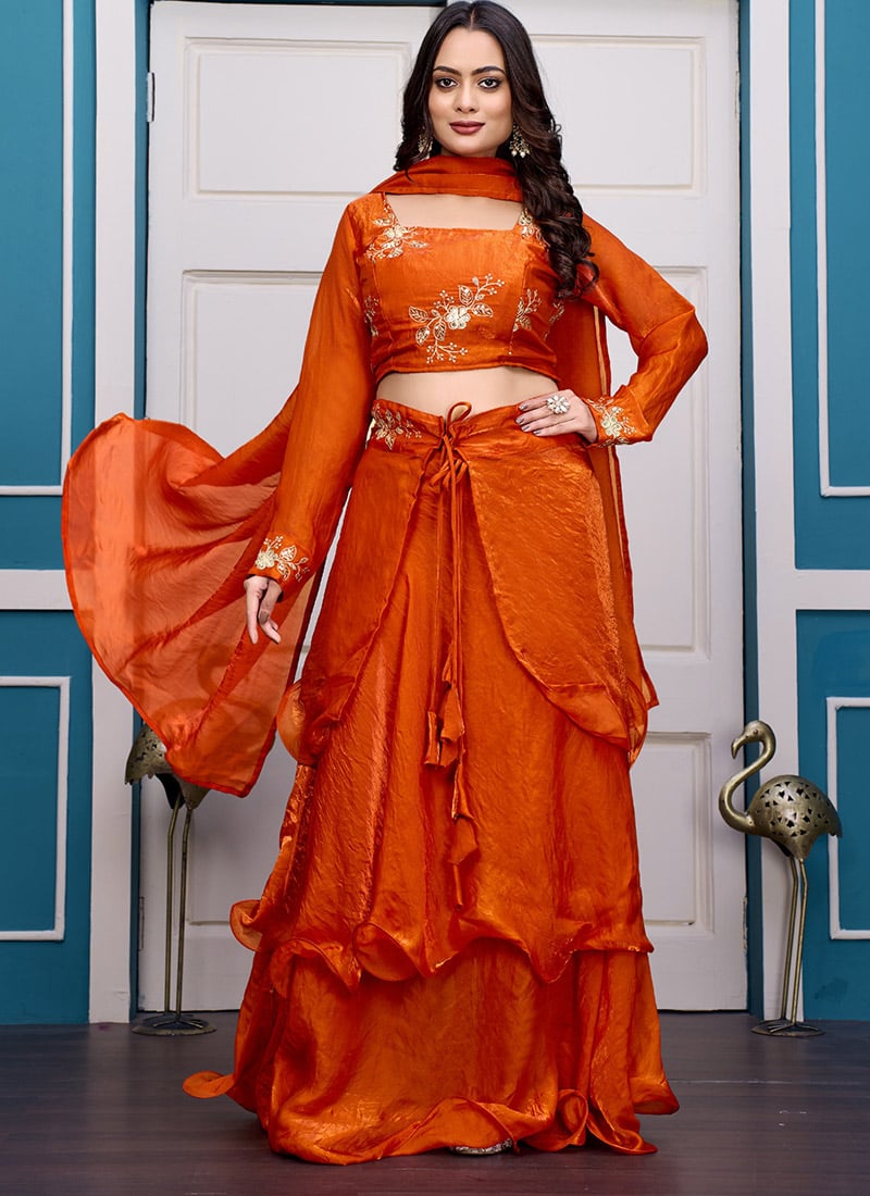 Orange Fendy Silk Embroidered Lehenga  After Six Wear