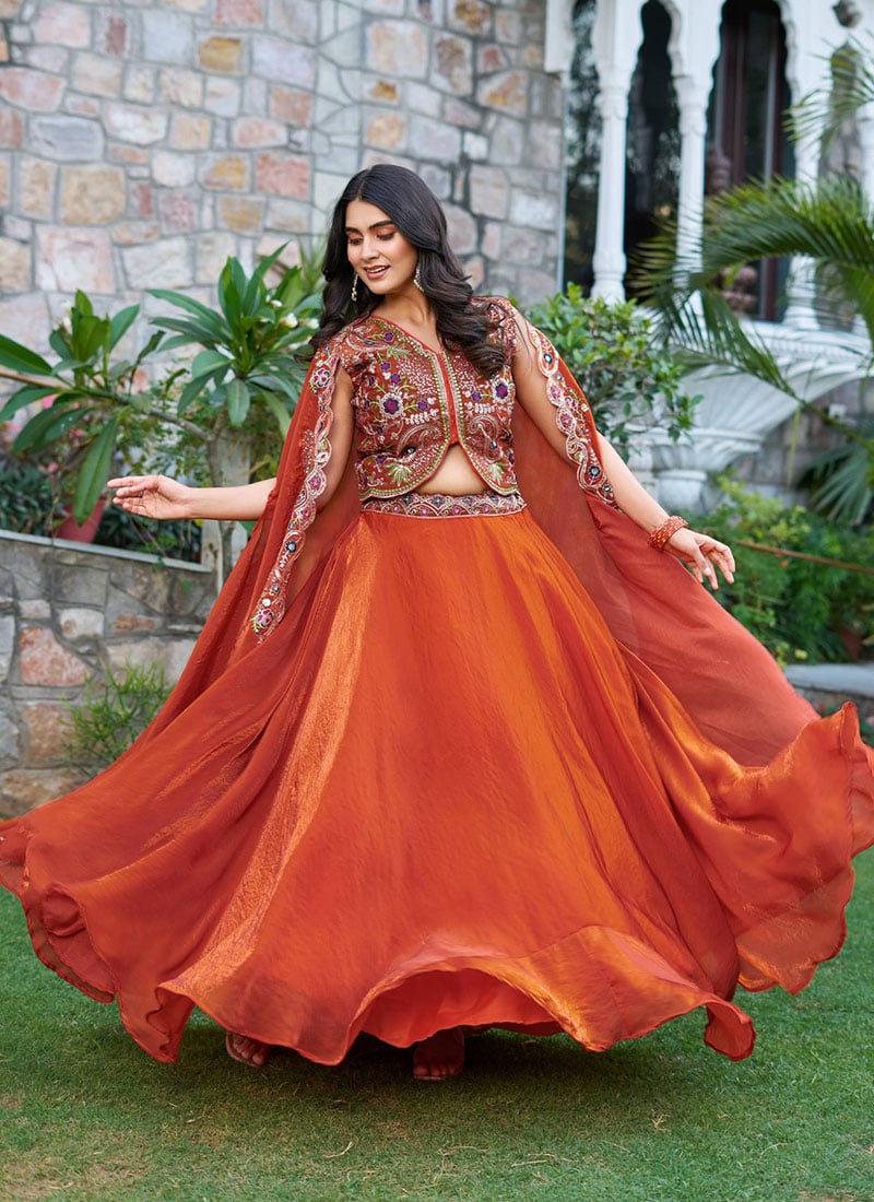 Orange Fendy Silk Embroidered Sequins Indowestern Jacket Skirt Set Festive Wear
