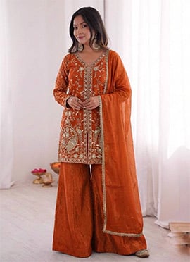 Orange Fendy Silk Embroidered Sequins Palazzo Suit