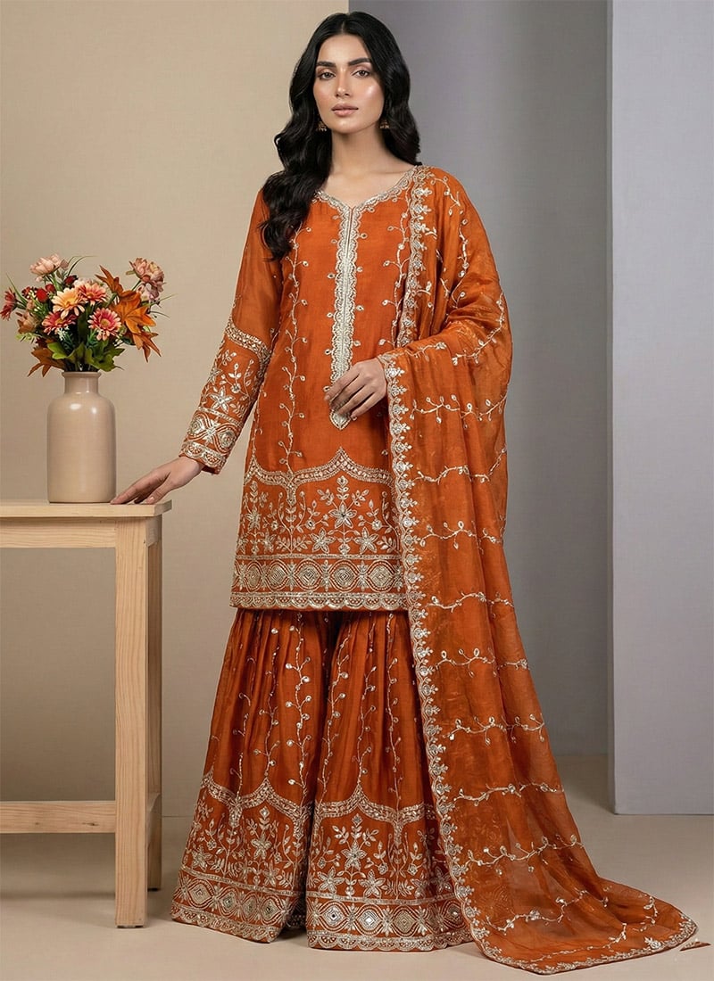 Orange Fendy Silk Embroidered Sequins Sharara Suit Festive Wear
