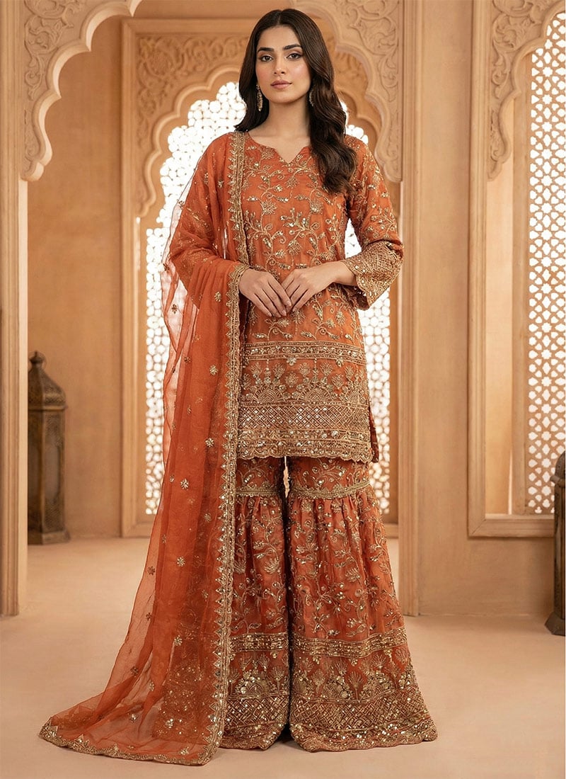 Orange Fendy Silk Embroidered Sequins Sharara Suit Festive Wear