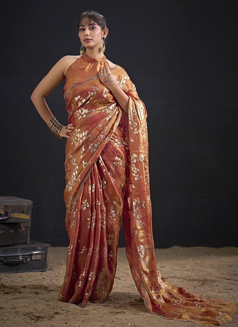 Orange Fendy Silk Foil Print Zarkan Stone Work Saree Festive Wear