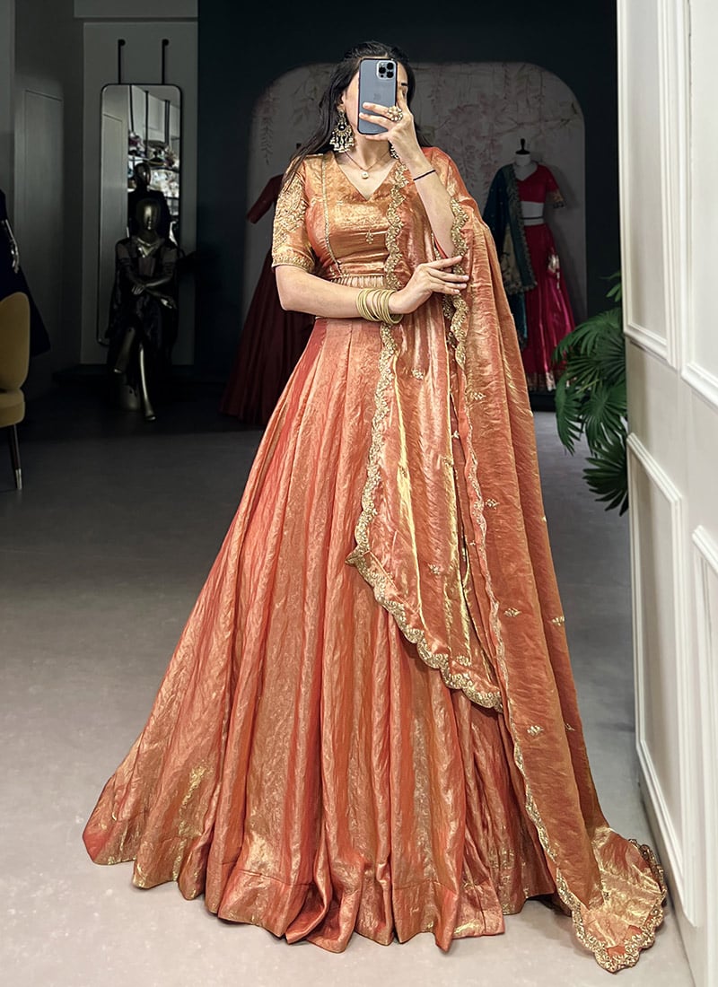 Orange Fendy Silk Lehenga With Embroidered Sequins And Zari Work Festive Wear