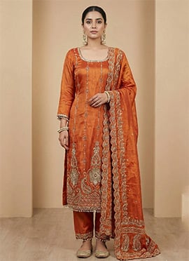 Orange Fendy Silk Sequin Straight Pant Suit